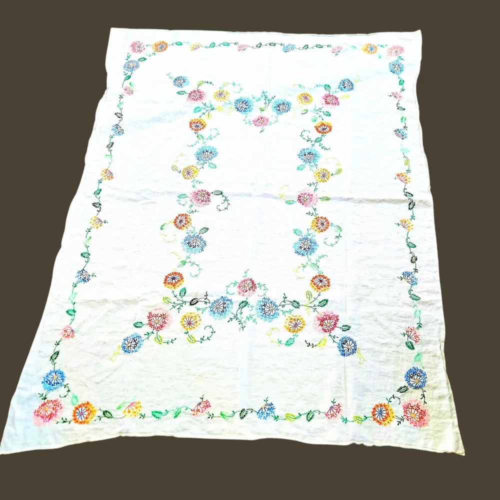 Vintage Embroidered Linen Tablecloth Spring & Summer Flowers Handmade 60 X 48